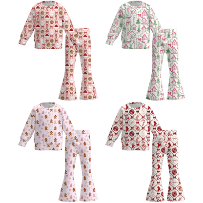 Christmas Long Sleeves Tree Gingerbread Candy Cane Print Pant Set