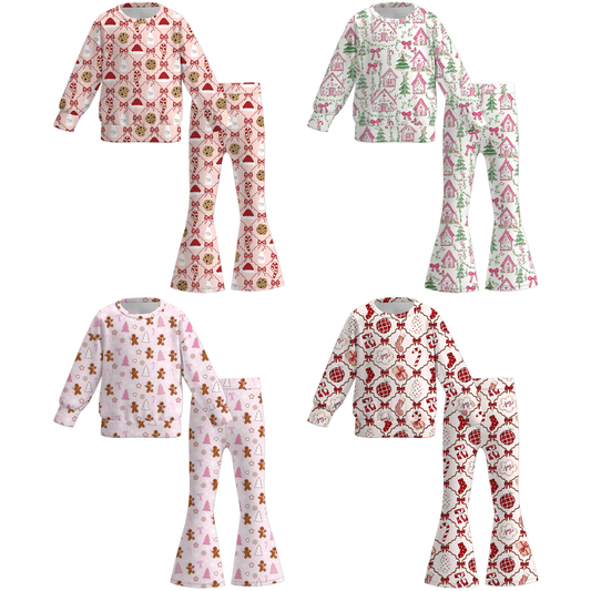 Christmas Long Sleeves Tree Gingerbread Candy Cane Print Pant Set