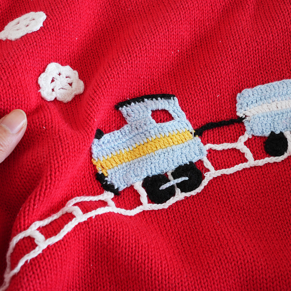 Classic Knitted Baby Blanket – Red Cotton Baby Blanket with Train Embroidery