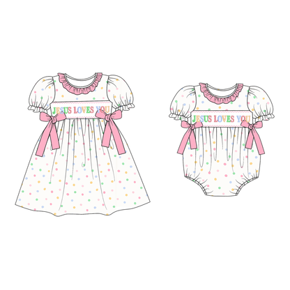 Easter Colorful Dots JESUS LOVES YOU Embroidery Smock Dress & Romper
