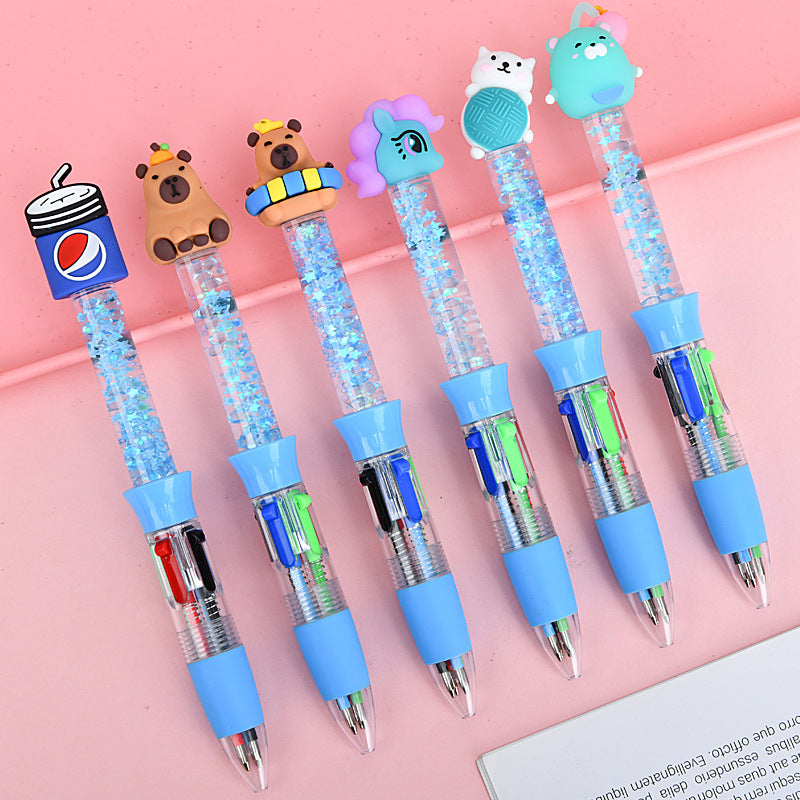 Glitter Quicksand 4-Color Retractable Ballpoint Pens Cartoon Gel Ink Pens with Fun Floating Liquid Design