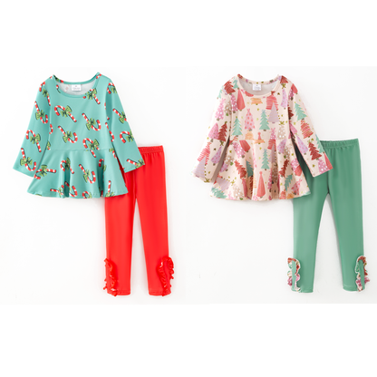 Girls Christmas Candy Cane Christmas Tree Top + Pant Set