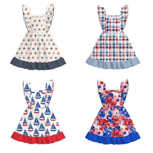 Girls 4th Of July Blue Red Star Print Ruffled Fashion Dress
