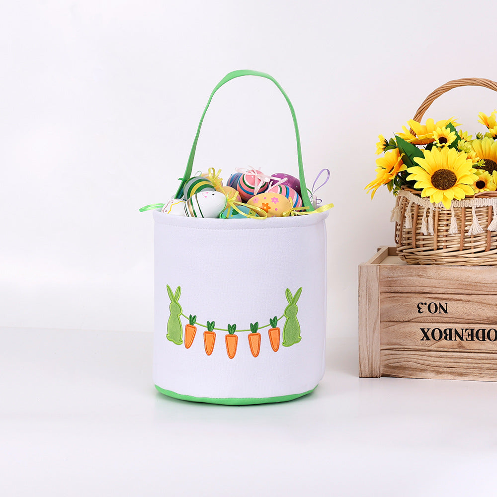 Easter Bunny Embroidered Candy Basket with Carrot Design, Kids Treat Bucket