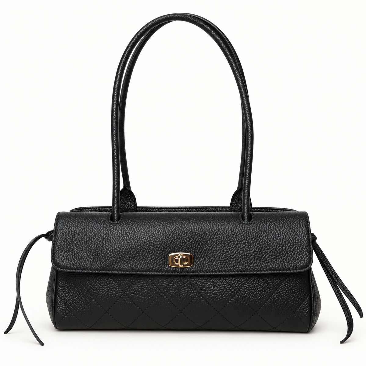 Top-Grain Cowhide Leather Shoulder Bag – East-West Quilted Flap Handbag with Double Handles & Gold-Tone Hardware