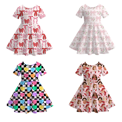 2026 Spring Valentine's Day Heart Cartoon Short Sleeves Twirl Dress