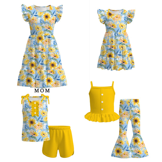 Mommy And Me Summer Yellow Blue Floral Matching Dress Set