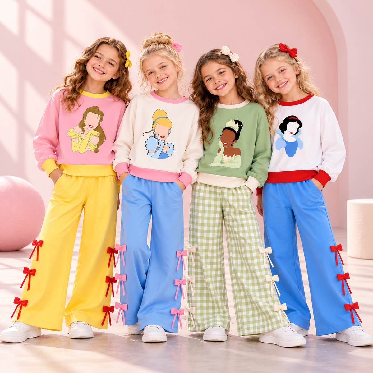 Girls Princess Inspired Printed Outfit Set – Fall Winter Cartoon Print Long Sleeve Sweatshirt & Bow Wide Leg Pants