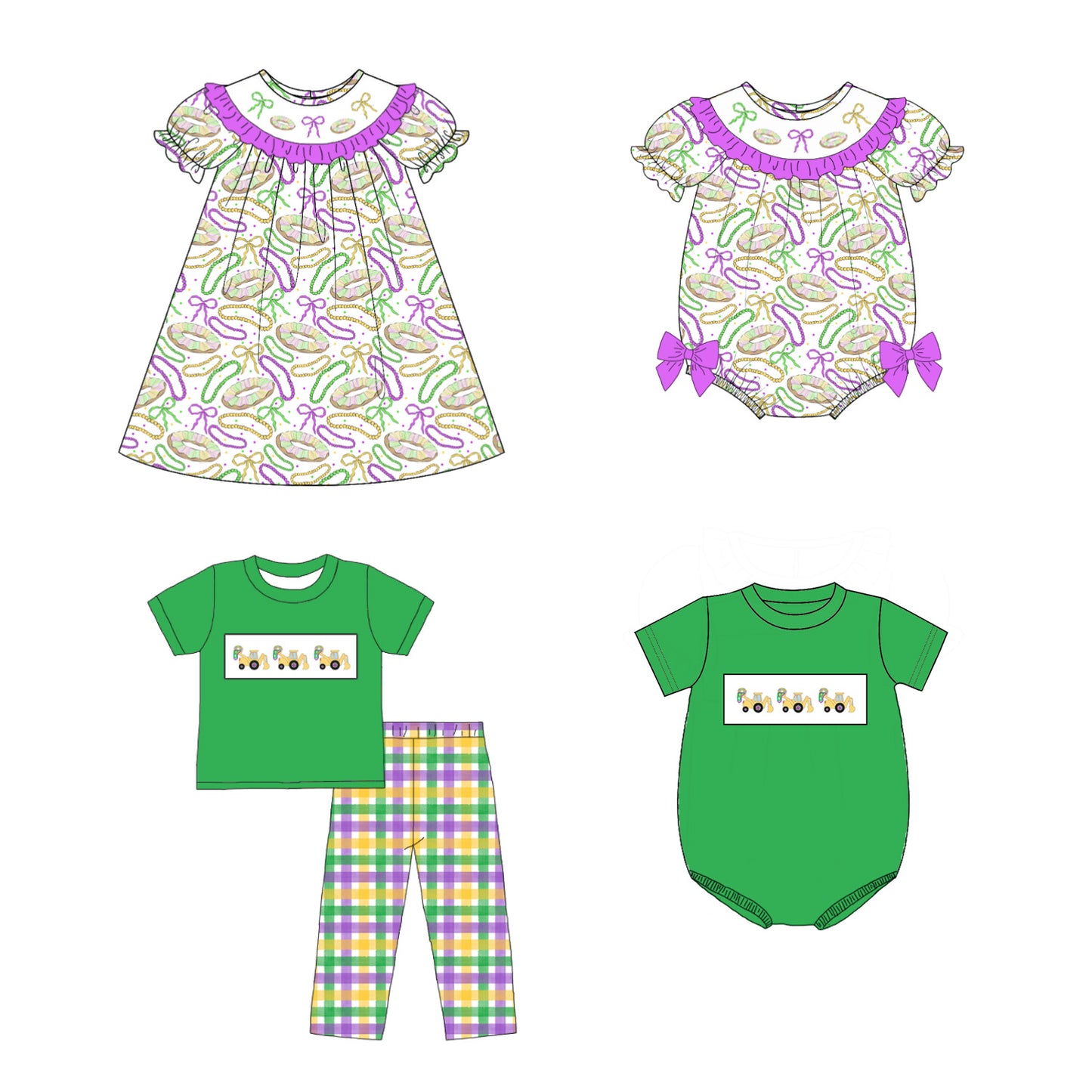 Kids Mardi Gras Smocked Collection Truck Excavator Donut Outfits