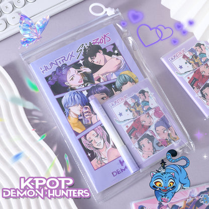 K-POP Demon Hunter Girl Group Stationery Set Notebook, Click Pen, Highlighter & Zipper Pouch for School or Office