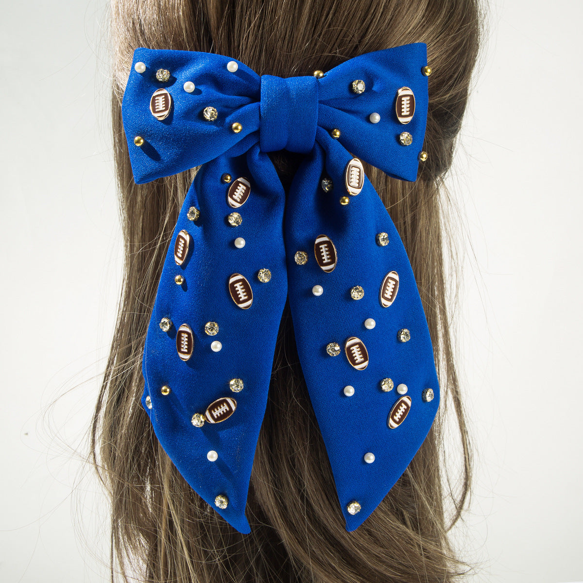 Football Hair Bow with Pearls & Rhinestones – Game Day