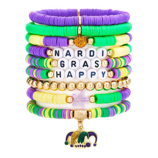 Mardi Gras Beaded Bracelet Set (9-Piece) Clown Hat Charm Letter Bracelets