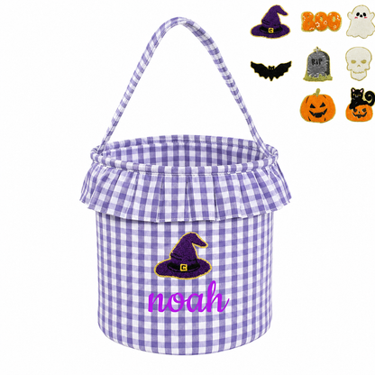 Personalized Halloween Trick or Treat Basket for Kids – Custom Name, Embroidered Patch & Gingham Candy Bucket