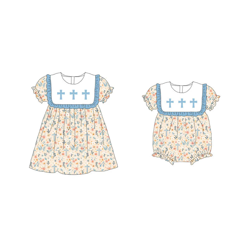 Girls Sister Fall Blue Floral Cross Embroibery Sibling Clothes