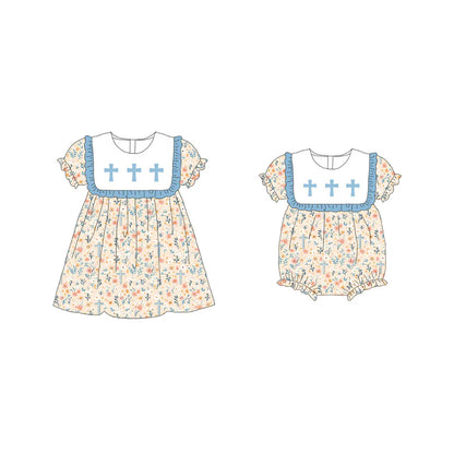 Girls Sister Fall Blue Floral Cross Embroibery Sibling Clothes