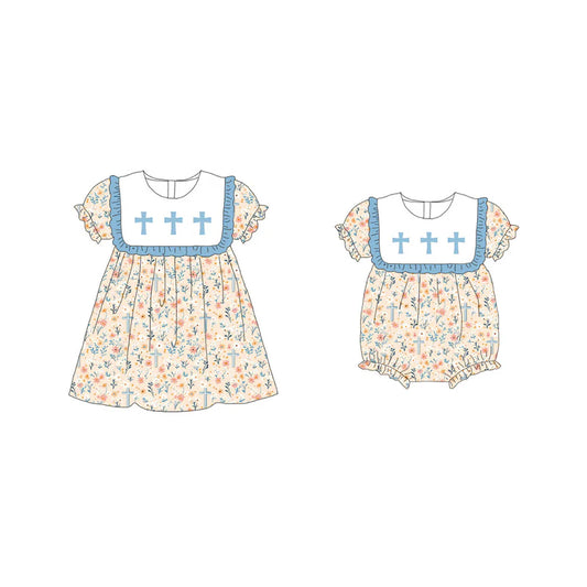 Girls Sister Fall Blue Floral Cross Embroibery Sibling Clothes