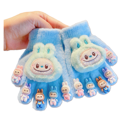 Cute Labubu Plush Half-Finger Gloves Warm Knitted Mittens with 3D Bunny and Silicone Labubu Charms