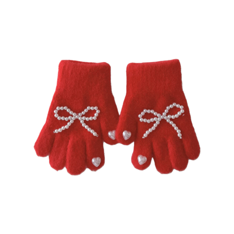 Winter Kids Gloves New Solid Color Bow and Pearl Decor Knitted Five-Finger Gloves for Girls
