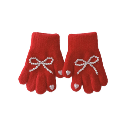 Winter Kids Gloves New Solid Color Bow and Pearl Decor Knitted Five-Finger Gloves for Girls