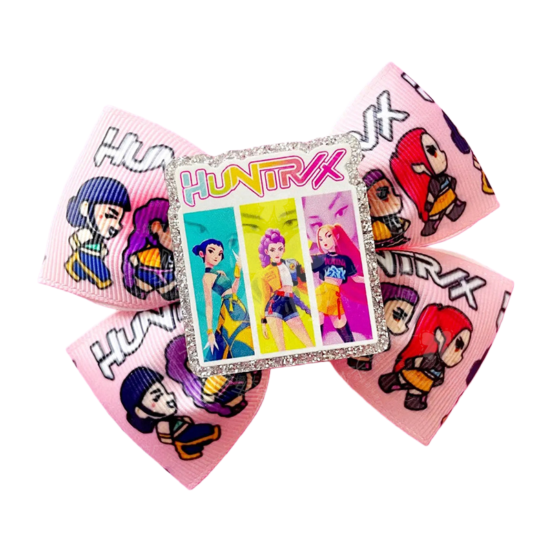 Kids K-Pop Demon Hunter Glitter Bow Hair Clips, Cute Cartoon Character Barrettes