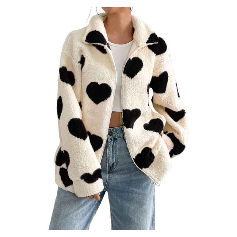Valentine’s Day Plush Heart Print Zip-Up Cardigan Jacket Loose Fit Long Sleeve Outerwear Spring Winter