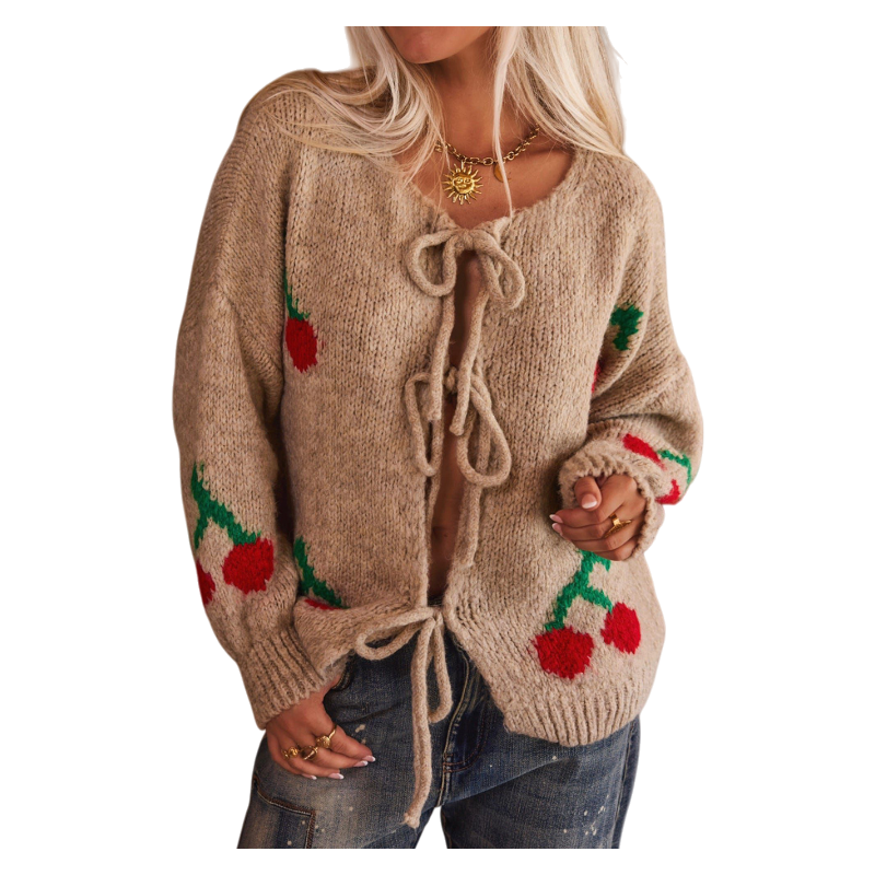 2026 Spring Cherry Embroidered Jacquard Knit Cardigan with Tie Front for Women