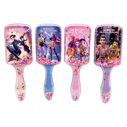K-POP Demon HUNTR Square Liquid Glitter Hair Brush – Cute Long-Handle Cushion Comb for Daily Use