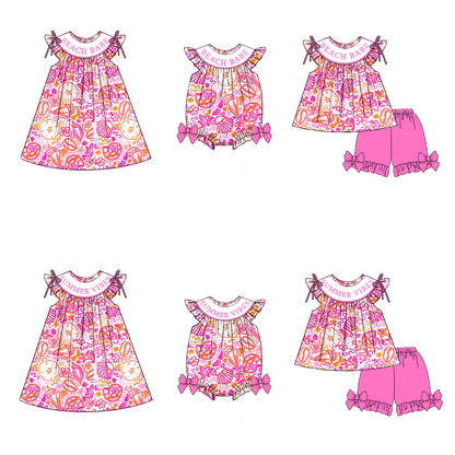 Summer Vibes Smocked Embroidery Collection – Girls Dress, Bubble Romper & Short Set