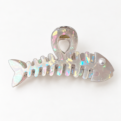 Iridescent Fishbone Hair Claw Clip – Acetate-Look Fish Skeleton Clip with Faux Pearl Eye