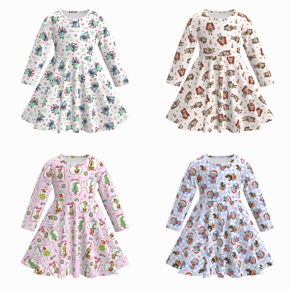 Fall Winter Cartoon Print Long Sleeves Girls Twirl Dress