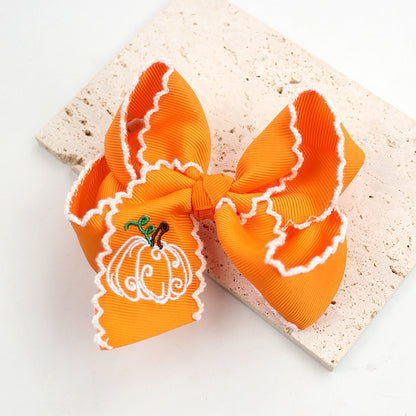 Halloween Pumpkin Embroidered Hair Bow Clips – Wavy Edge, 10 Pack
