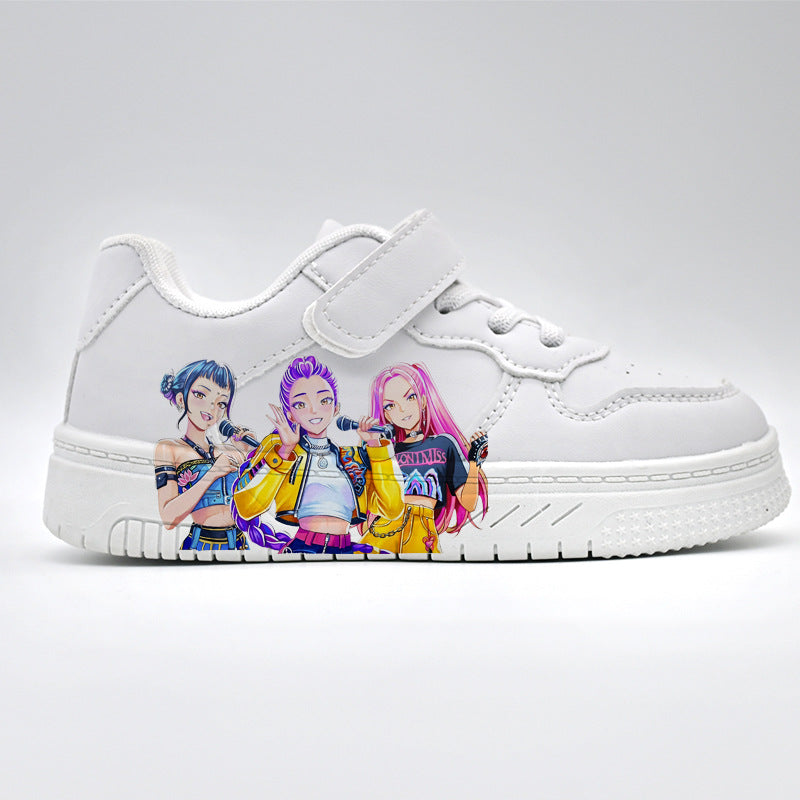 K-Pop Demon Hunter Girl Print Kids Velcro Sneakers Casual White Shoes