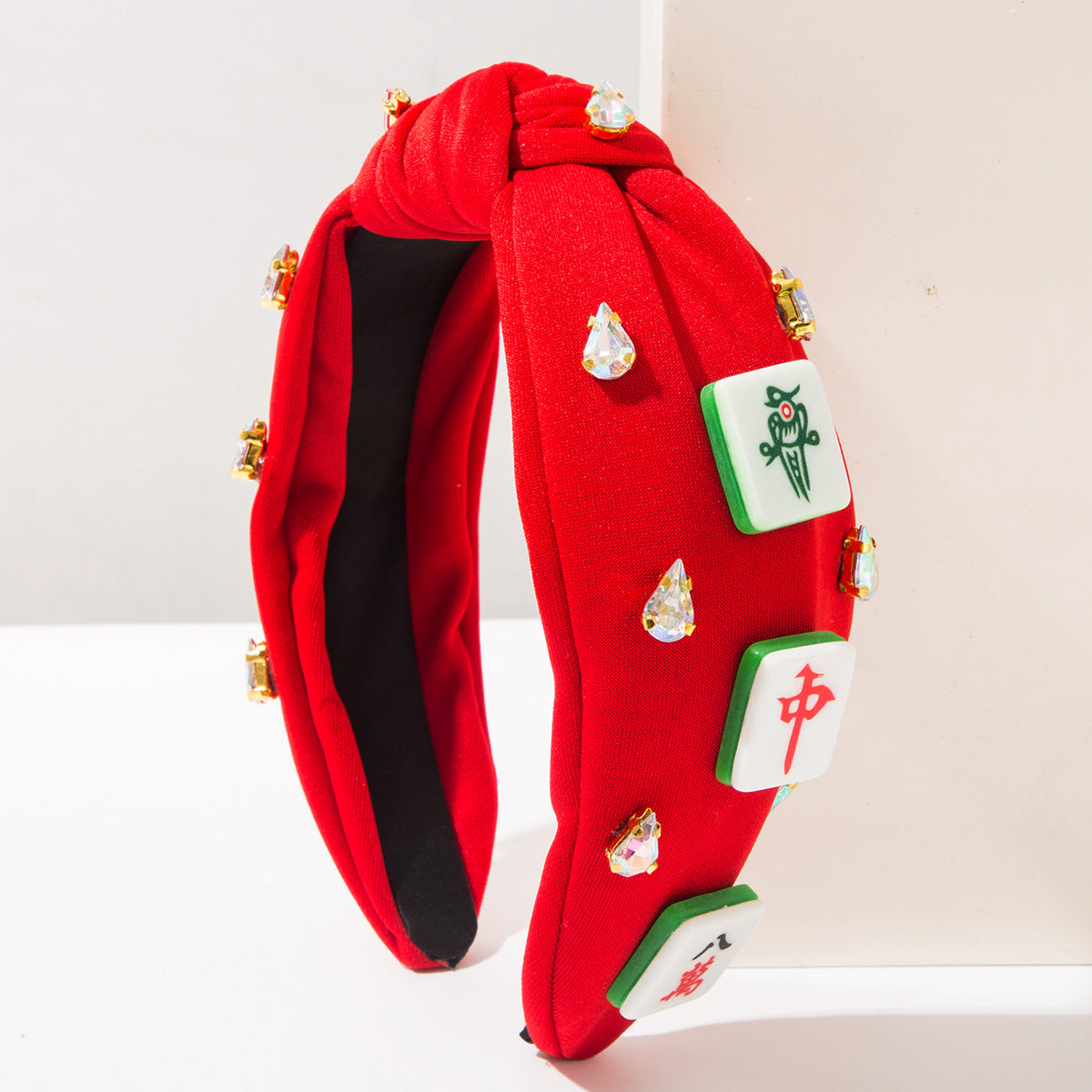 Mahjong Embellished Knotted Headband – Rhinestone Statement Hair Accessory