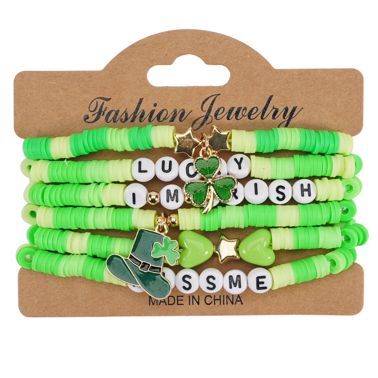 St. Patrick’s Day Green Beaded Bracelet Set with Lucky Shamrock Charm