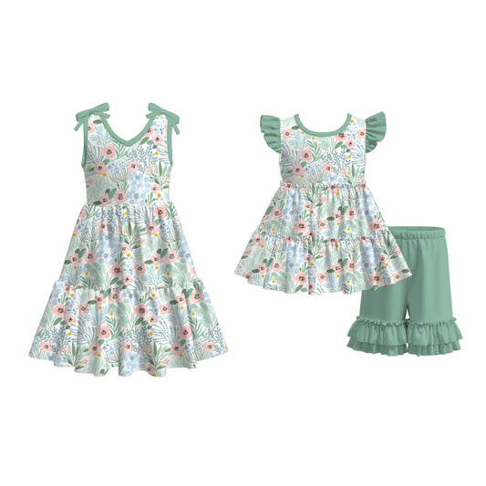 Girls Summer Green Floral Print Soft Dress & Short Set