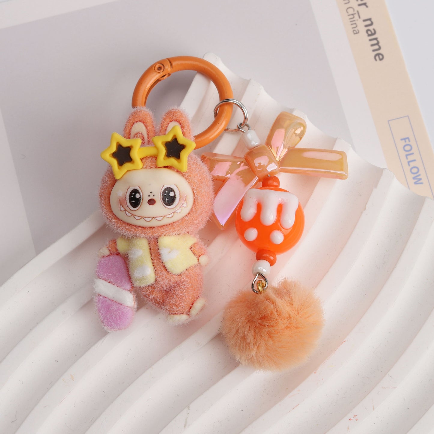 New Flocked Surfboard Sunglasses Labubu Beaded Keychain Cute Charm Bag Pendant Accessory