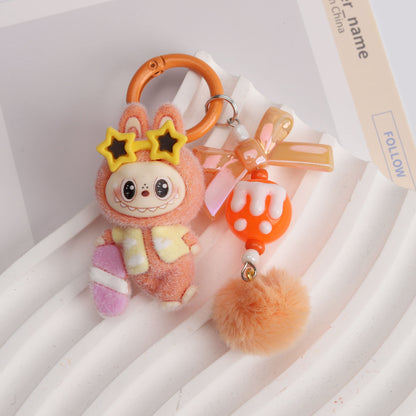 New Flocked Surfboard Sunglasses Labubu Beaded Keychain Cute Charm Bag Pendant Accessory