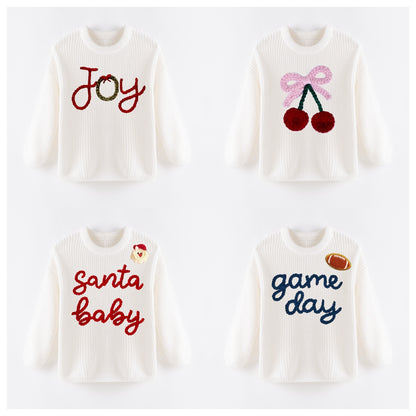New Oversize Christmas Embroidered White Sweaters for Kids – Cozy & Festive