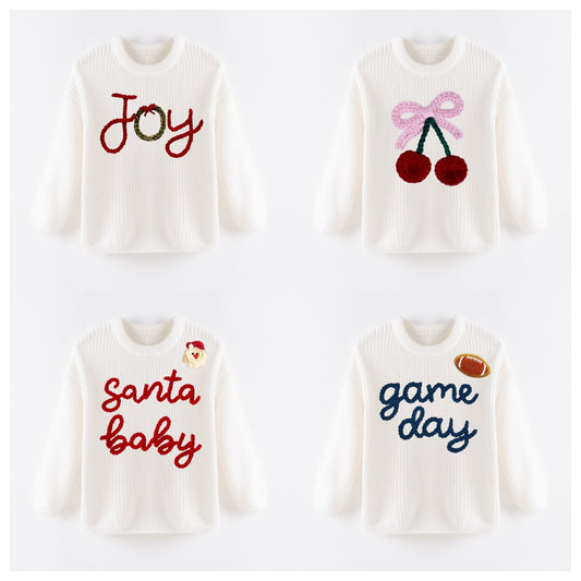 New Oversize Christmas Embroidered White Sweaters for Kids – Cozy & Festive