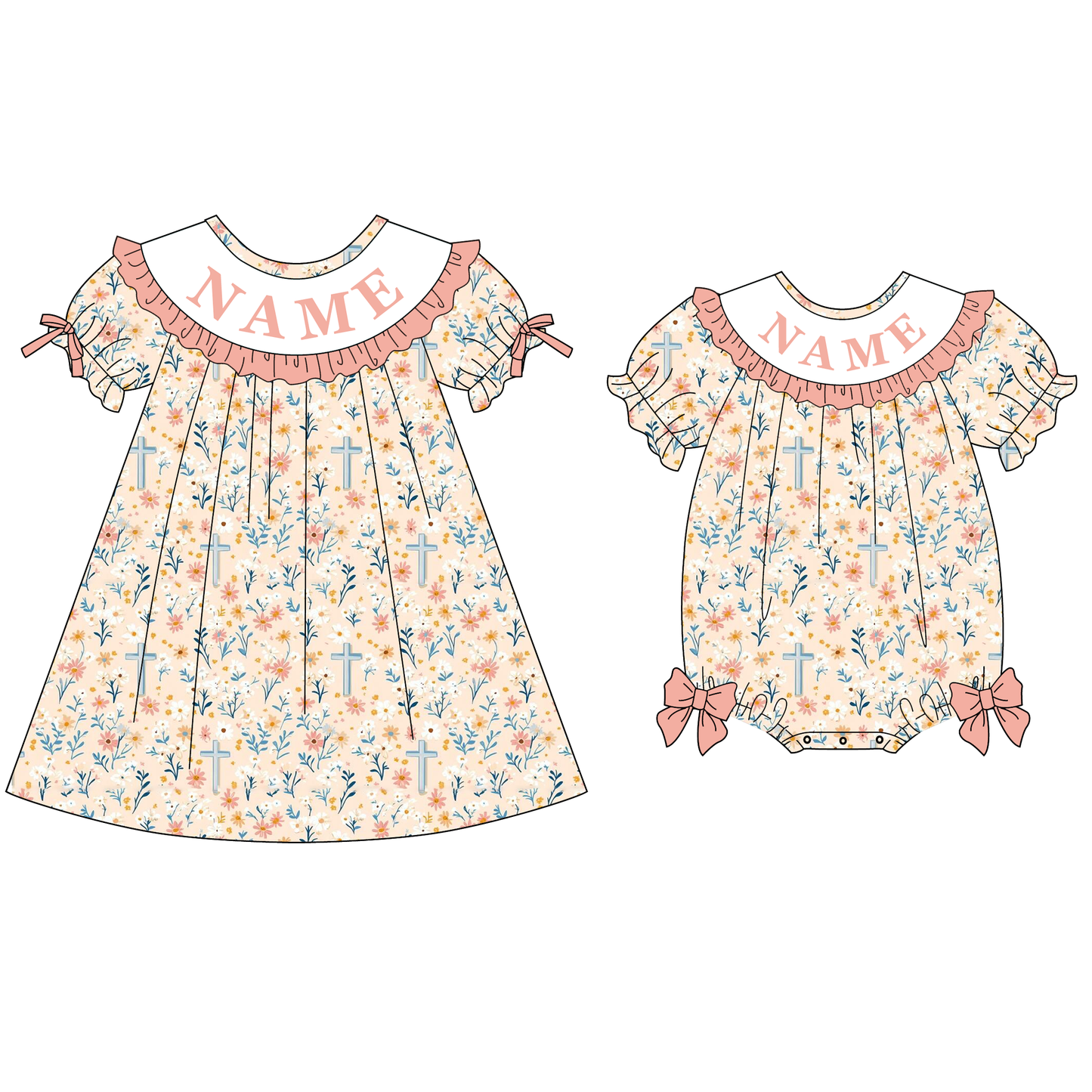 Spring Coral Floral Custom Name Embroidery Smock Outfits