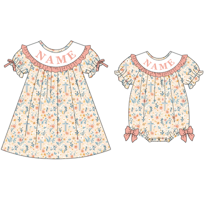 Spring Coral Floral Custom Name Embroidery Smock Outfits
