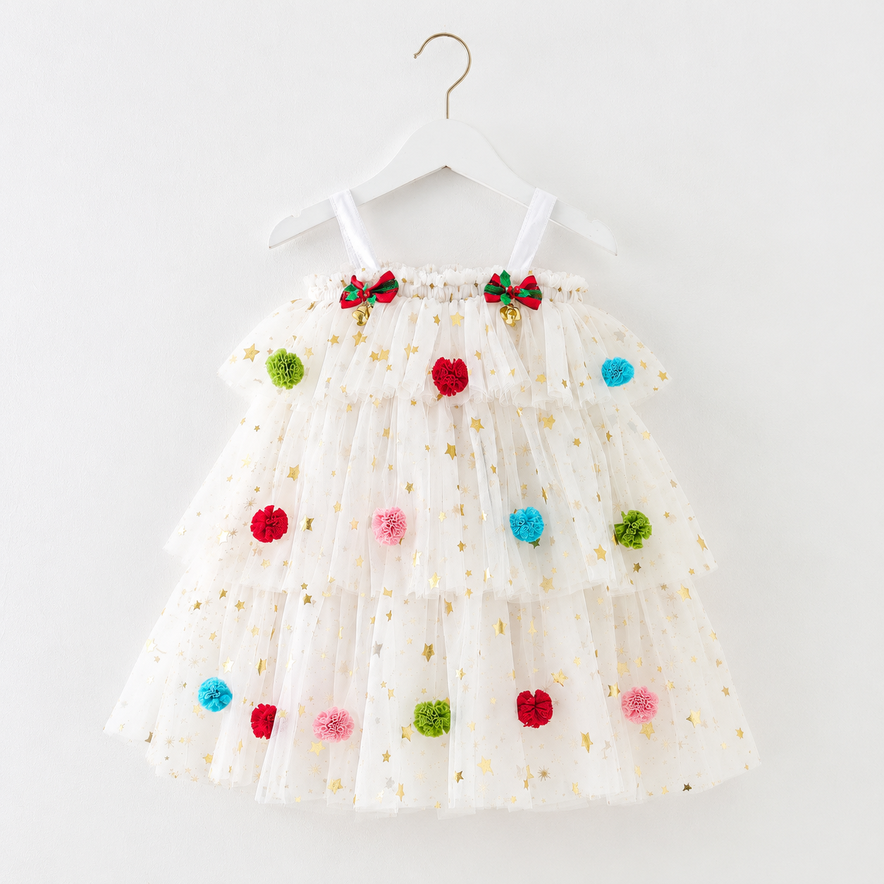 Girls Christmas Tulle Dress Festive Holiday Party Dress with Sparkle Stars & Pom Pom Details