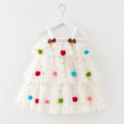 Girls Christmas Tulle Dress Festive Holiday Party Dress with Sparkle Stars & Pom Pom Details