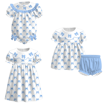 Kids Spring Summer Blue Bow Smock Embroidery Collection