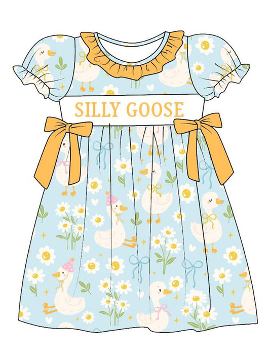 Girls Summer SILLY GOOSE Print Smocked Embroidered Dress