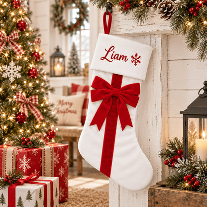 Personalized Christmas Stockings with Velvet Bow – Custom Name Embroidered Holiday Stocking, Red Green Beige White Christmas Tree & Fireplace Decor