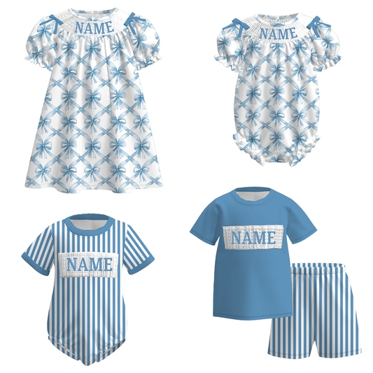 Kids Summer Custom Name Embroidery Blue Bow Stripes Sibling Clothes