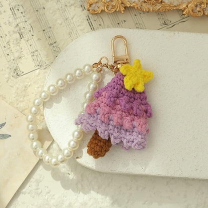 Christmas Gift Crochet Knitted Pearl Keychain Ornament Christmas Tree Shaped Decoration