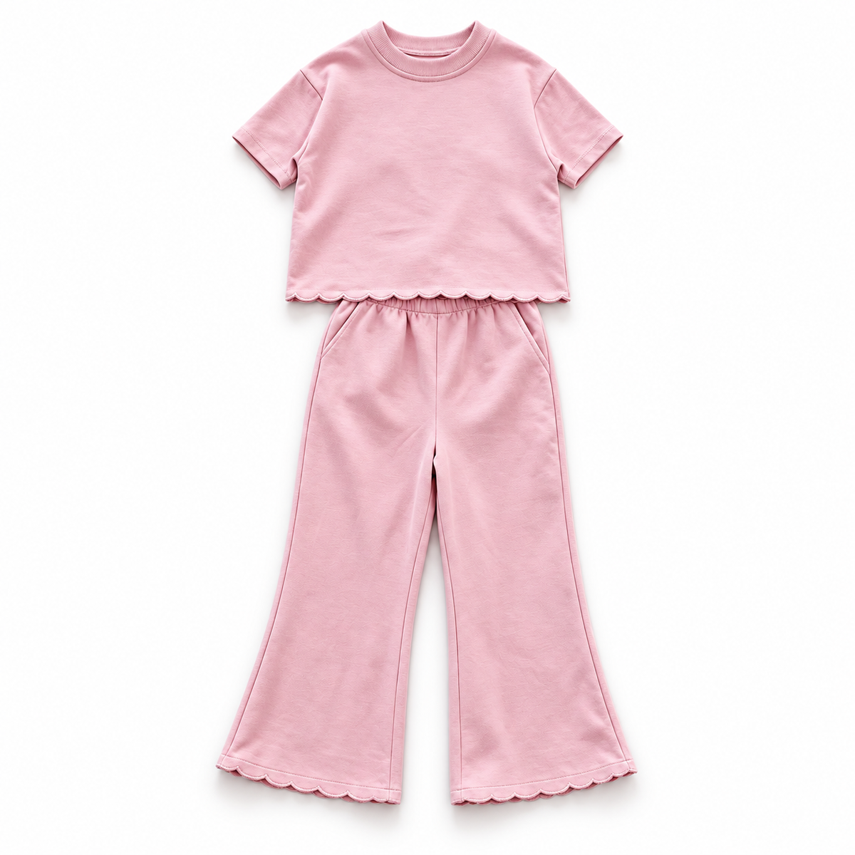 Girls’ Scalloped Cotton Two-Piece Set – Short Sleeve Sweatshirt & Wide-Leg Pants for Fall & Winter