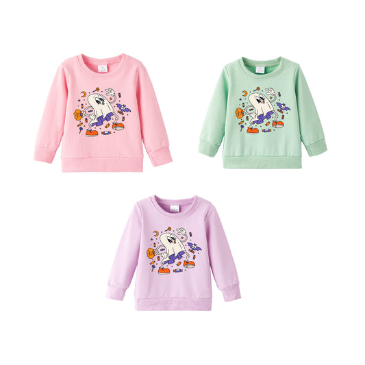 Girls Halloween Cotton Sweatshirt – Cute Ghost & Bat Print